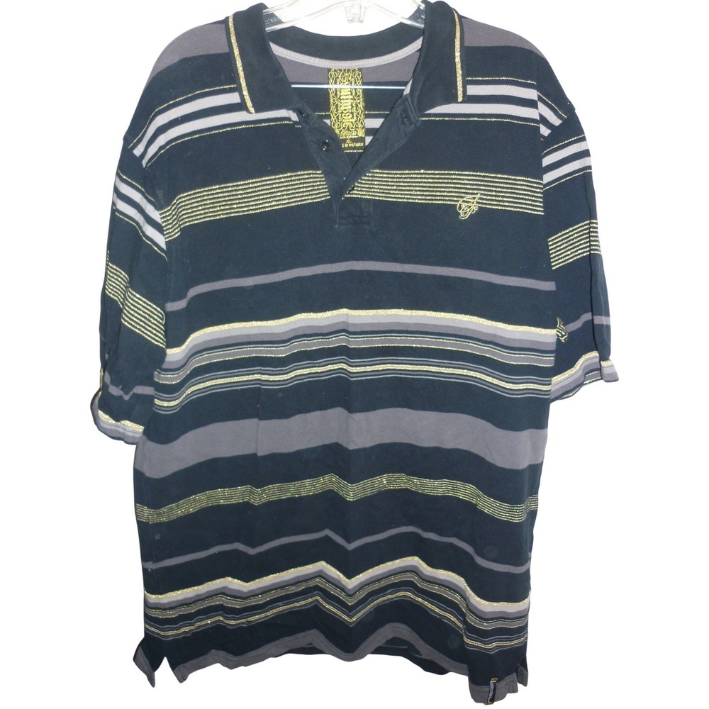 SouthPole Mens XL Black Gray Gold Striped Polo Shirt Streetwear Logo Y2K